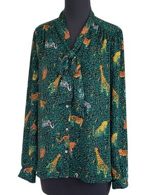 J. Crew Emerald Green Animal Jungle Safari Blouse Sz M Bow Tie Neck Long Sleeve